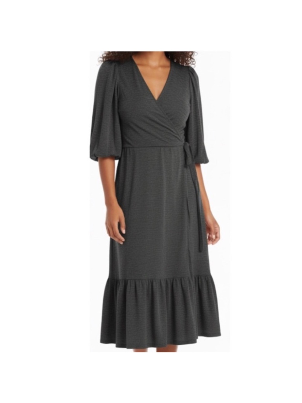 Max Studio Midi Dress Size Large Ruffle Dark Grey Balloon Sleeve Textured Knit